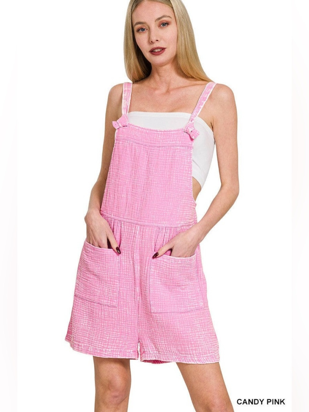 Zenana Candy Pink Gauze Short Overalls